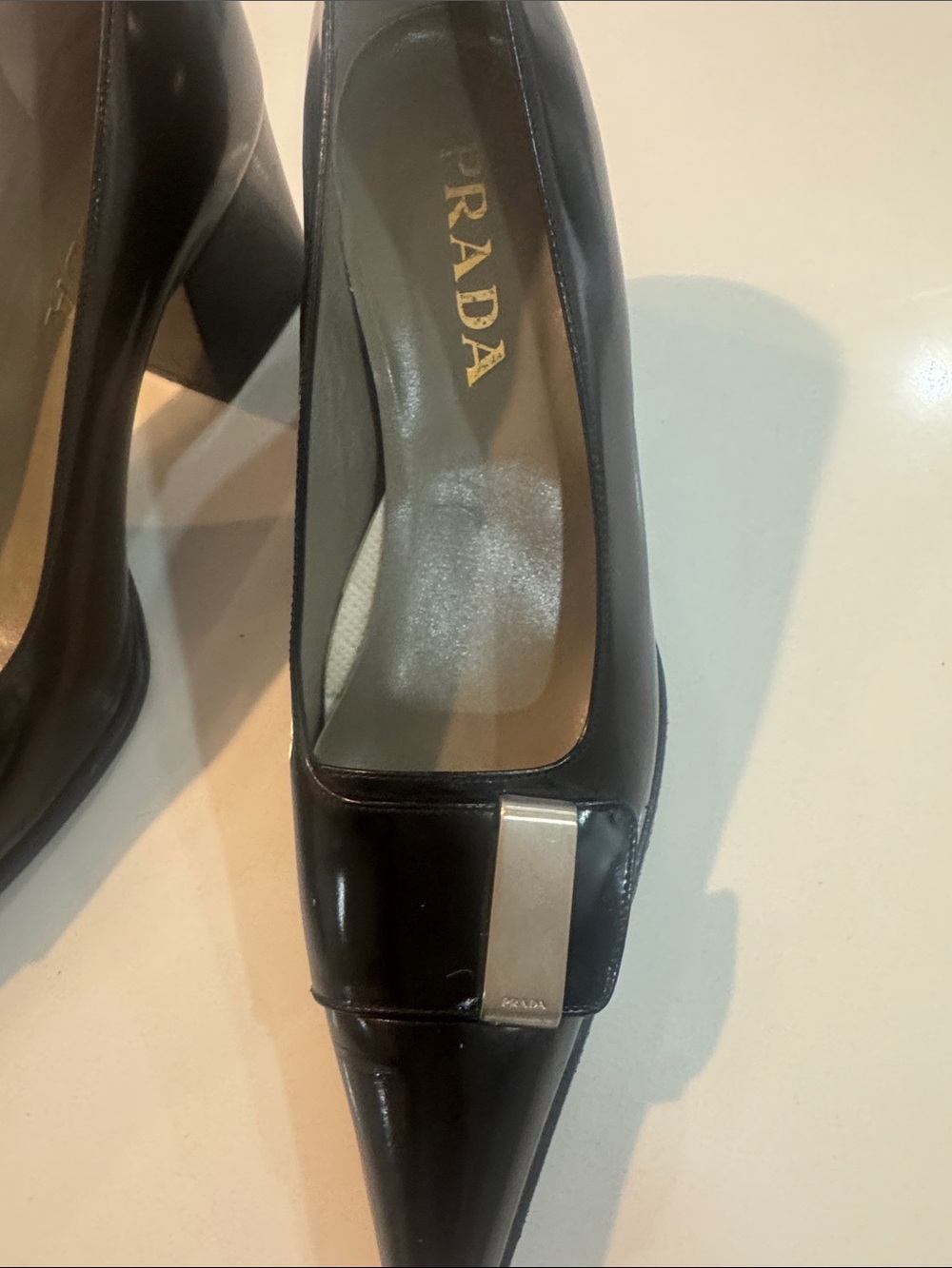 Prada Black Patent Leather Pointed Toe Mid Block Heel Pumps - Picture 6 of 17